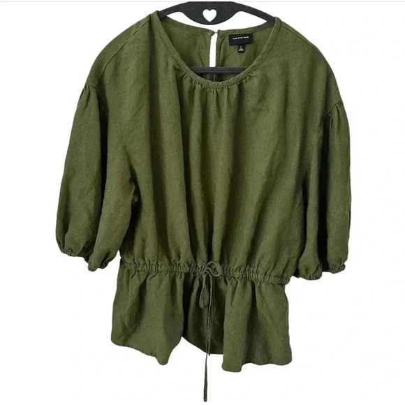 WHO WHAT WEAR Women's Linen Puff Sleeves Fairy Boho Green Peplum Top Size L - Picture 2 of 8